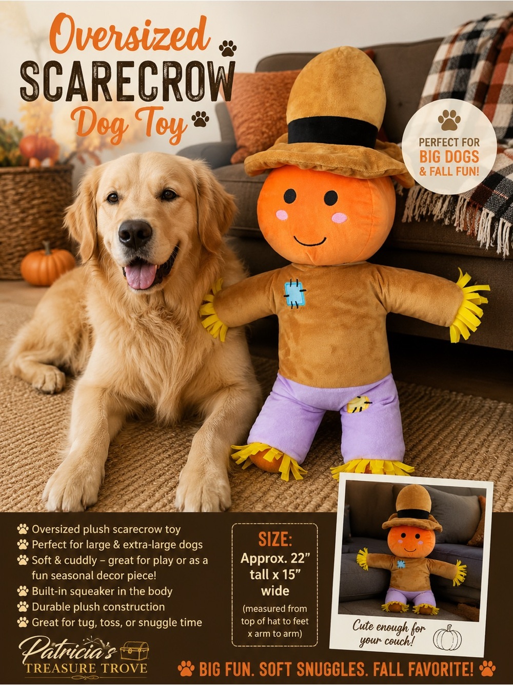 Oversized Scarecrow Dog Toy - Orange/Brown/Purple